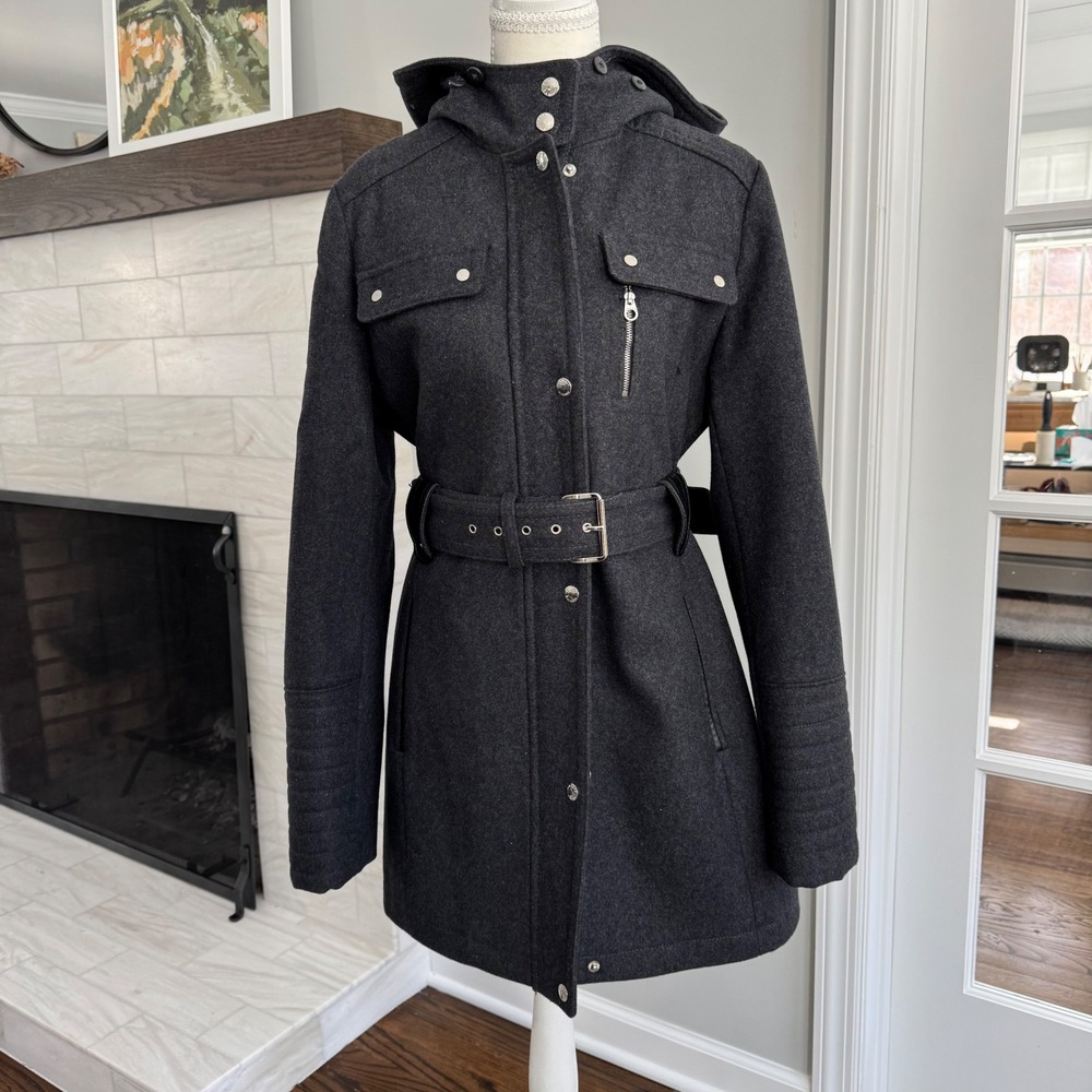 Laundry by Design Charcoal Gray Belted Wool Blend‎ Coat with Hood Womens Medium